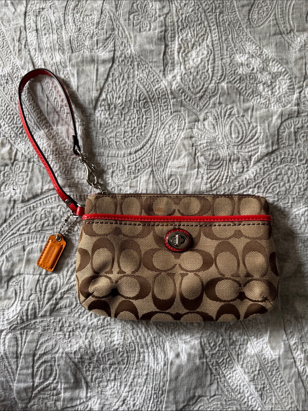 Designer-Inspired Brown Signature Wristlet with Red Trim